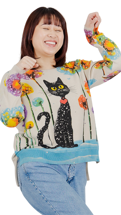 Long Sleeve Cat Print Crew Neck Top. Style FS262757