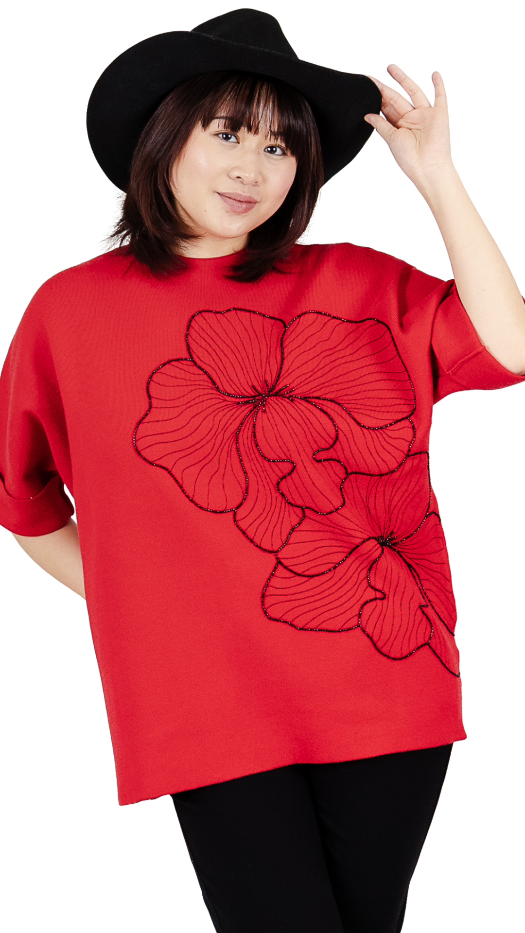 Boxy Fit Beads & Stitching Flower Details Sweater. Style FS262764