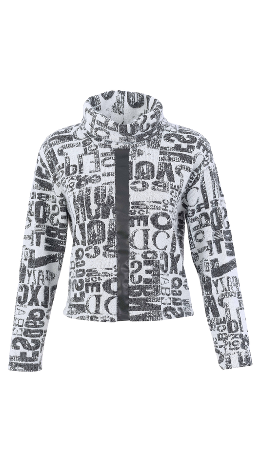Letter Print Cowl Neck Leather Strip Sweater. Style DOLC76154
