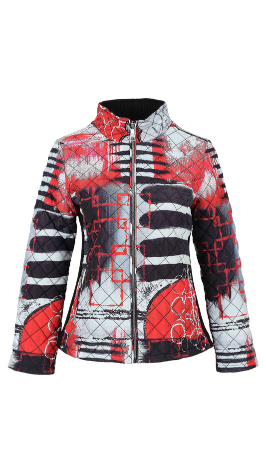 "Geo Stripes" Artist Print Short Length Stand Collar Quilted Jacket. Style DOLC76811
