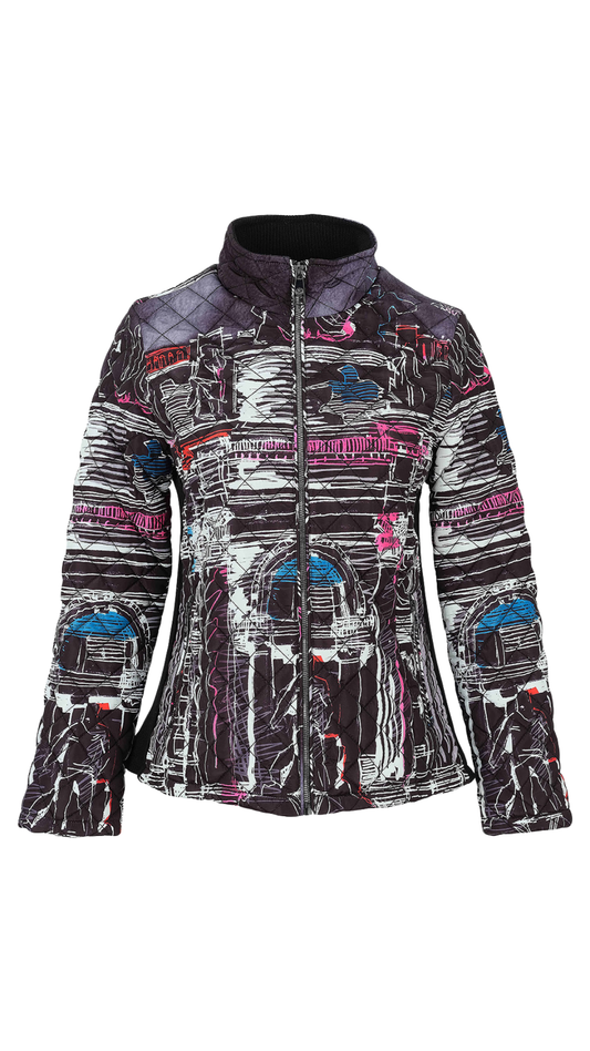"Trevi" Artist Print Short Length Stand Collar Quilted Jacket. Style DOLC76812
