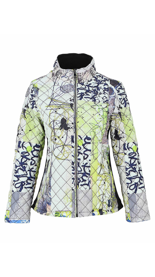 "Fragments" Artist Print Short Length Stand Collar Quilted Jacket. Style DOLC76814
