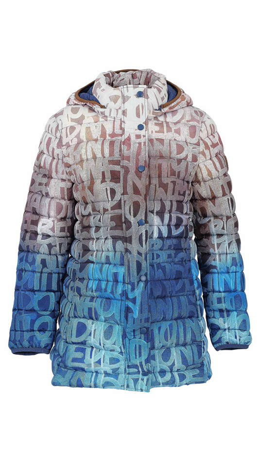 "To Infinity And Beyond" Artist Print Longline Quilted Puffer Jacket. Style DOLC76818