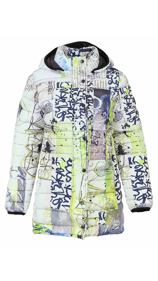 "Fragments" Artist Print Longline Quilted Puffer Jacket. Style DOLC76819