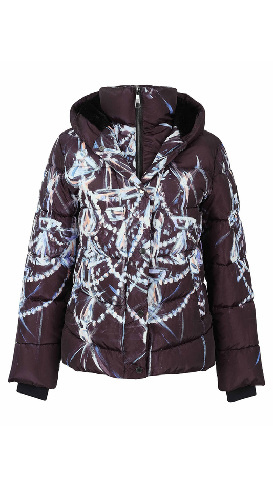 "Chandelier 11" Artist Print Fur Lined Hood Puffer Jacket. Style DOLC76832