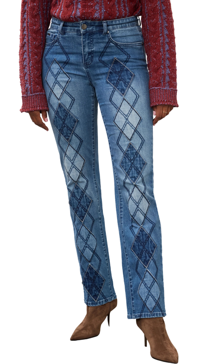 Christina Straight Leg Geometric Applique Statement Jeans. Style FD5153779