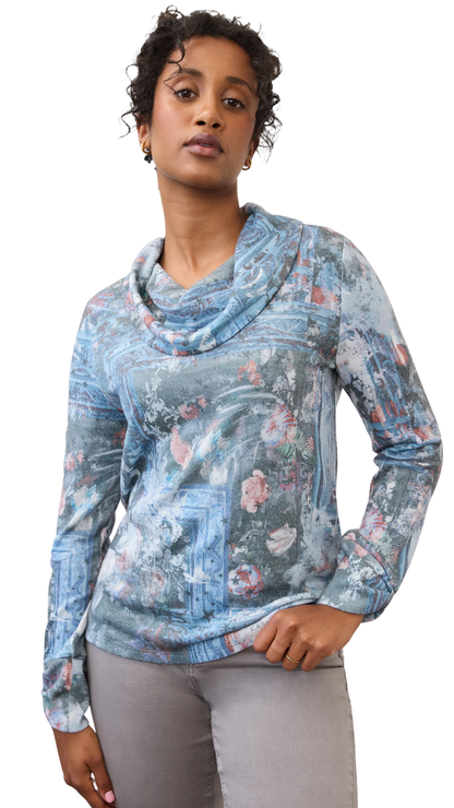Cowl Neck Floral Print Long Sleeve Top. Style FD3419742