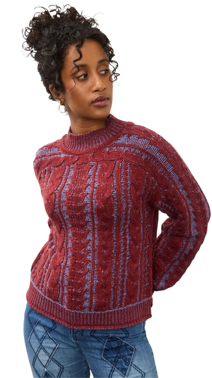 Long Sleeve Cable Knit Two Tone Sweater. Style FD1162781