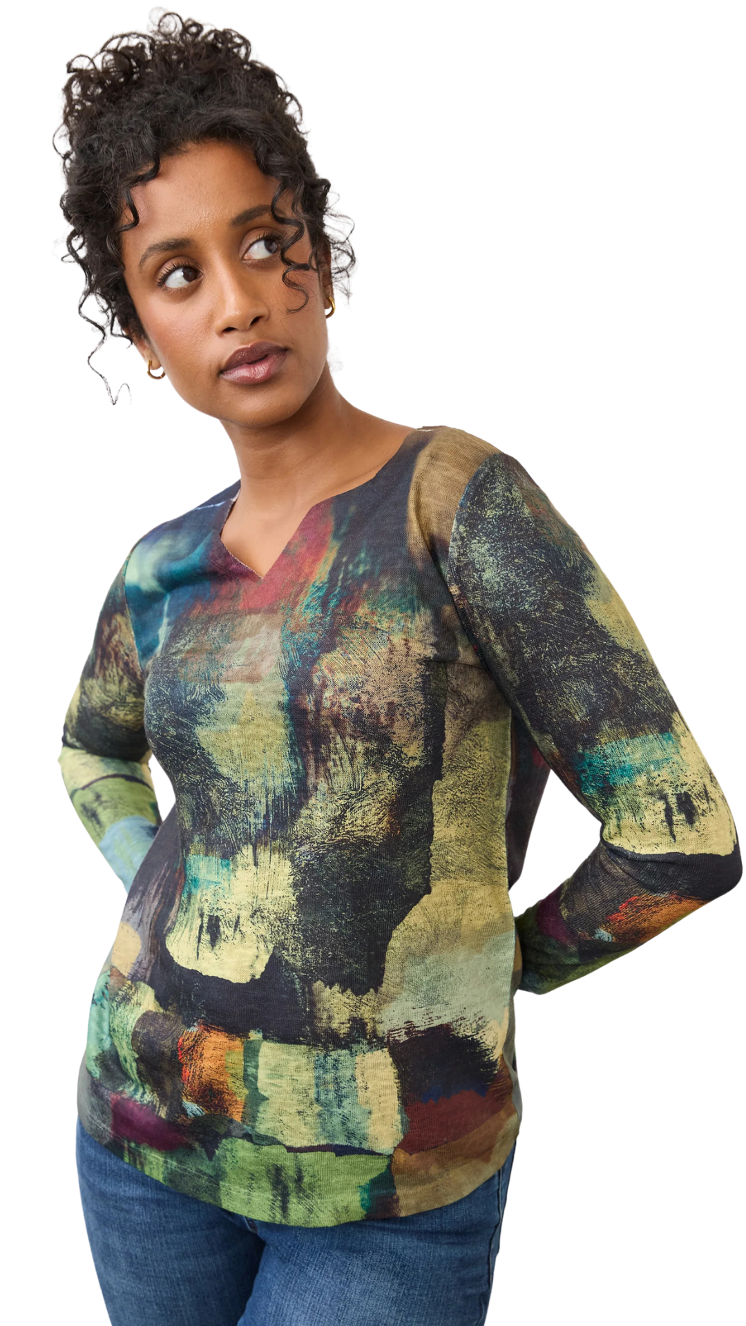 Long Sleeve Lightweight Notch Neck Printed Top. Style FD3943451