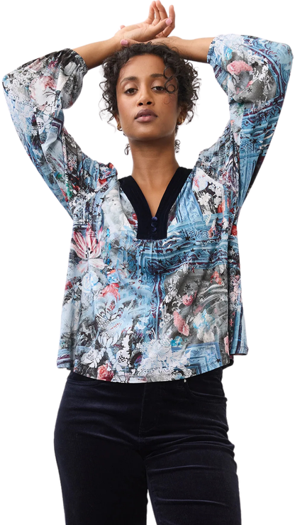 Long Sleeve V-Neckline Velvet Detail Top. Style FD3875153