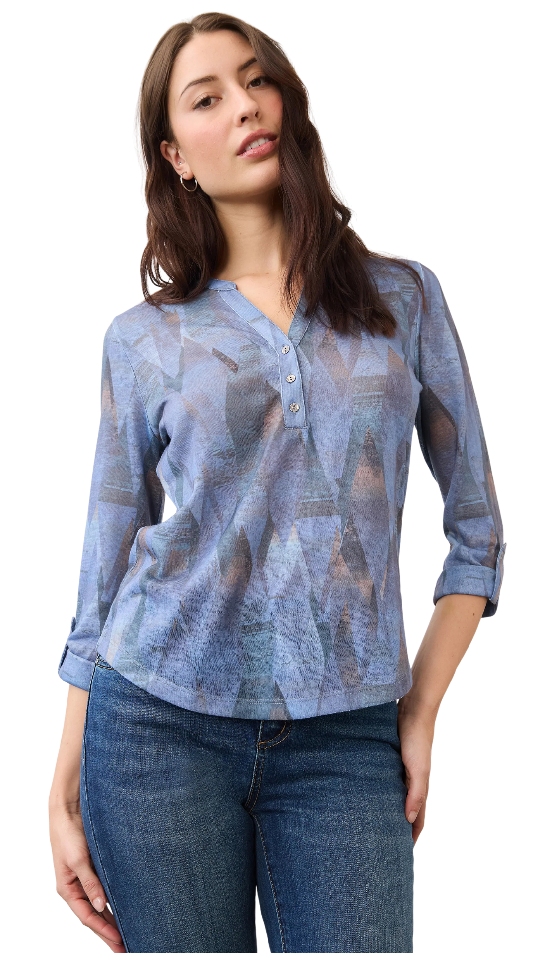 3/4 Sleeve Henley Buttons Printed Top. Style FD3853451
