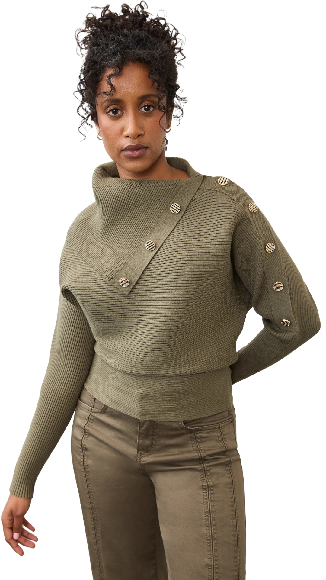 Envelope Collar Button Detail Ribbed Sweater. Style FD1051885