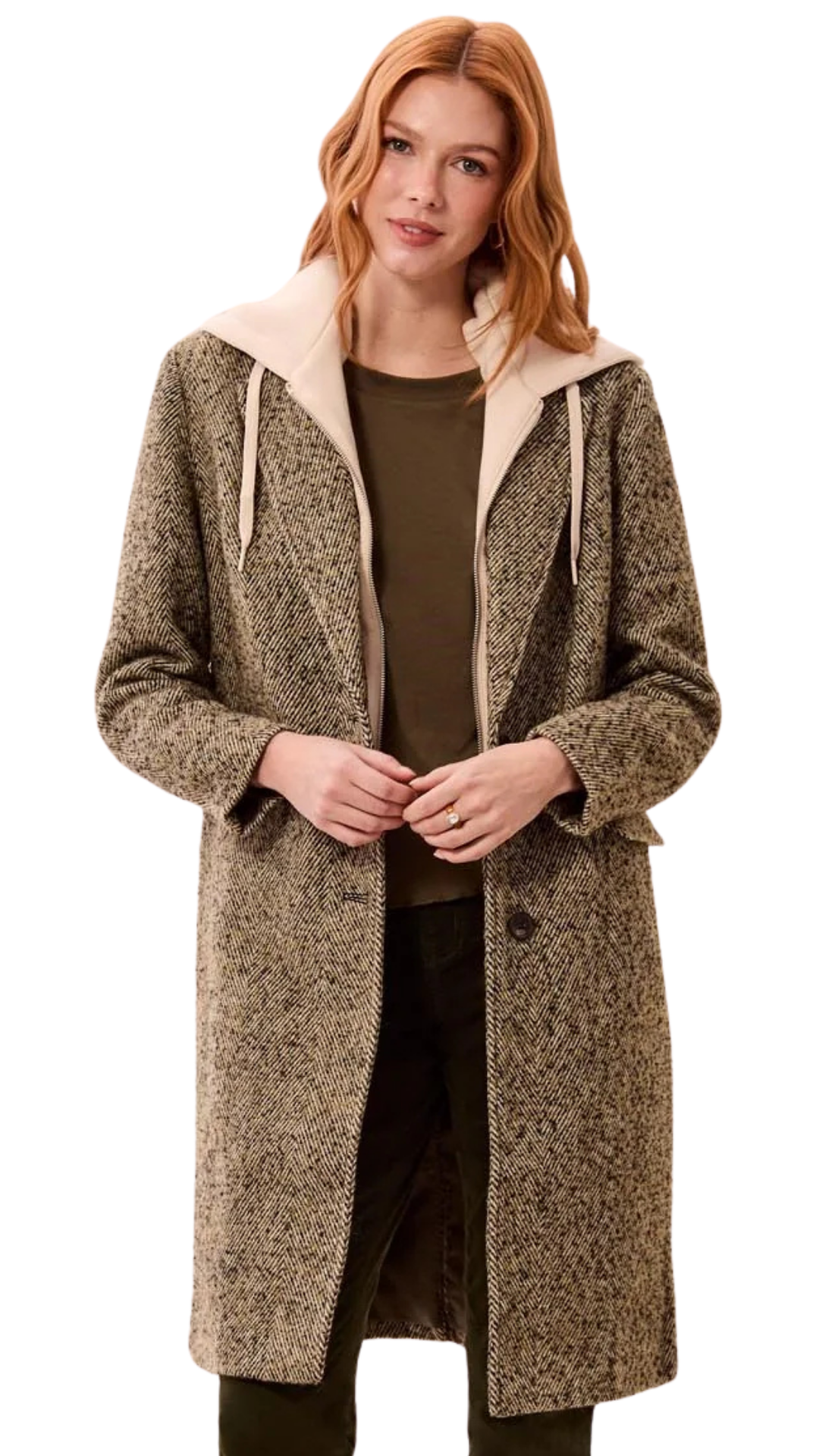 Tailored Herringbone Removable Fooler Hoodie Car Coat. Style TR6371O-5860