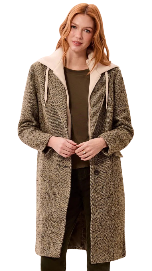 Tailored Herringbone Removable Fooler Hoodie Car Coat. Style TR6371O-5860