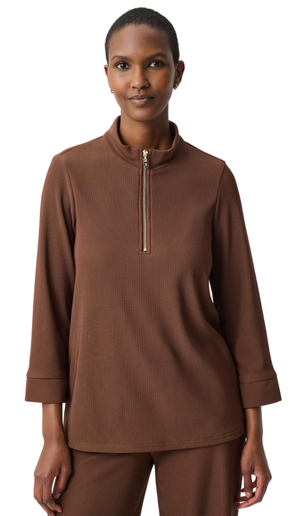 Ribbed Knit Half Zip Stand Collar Top. Style JR264602