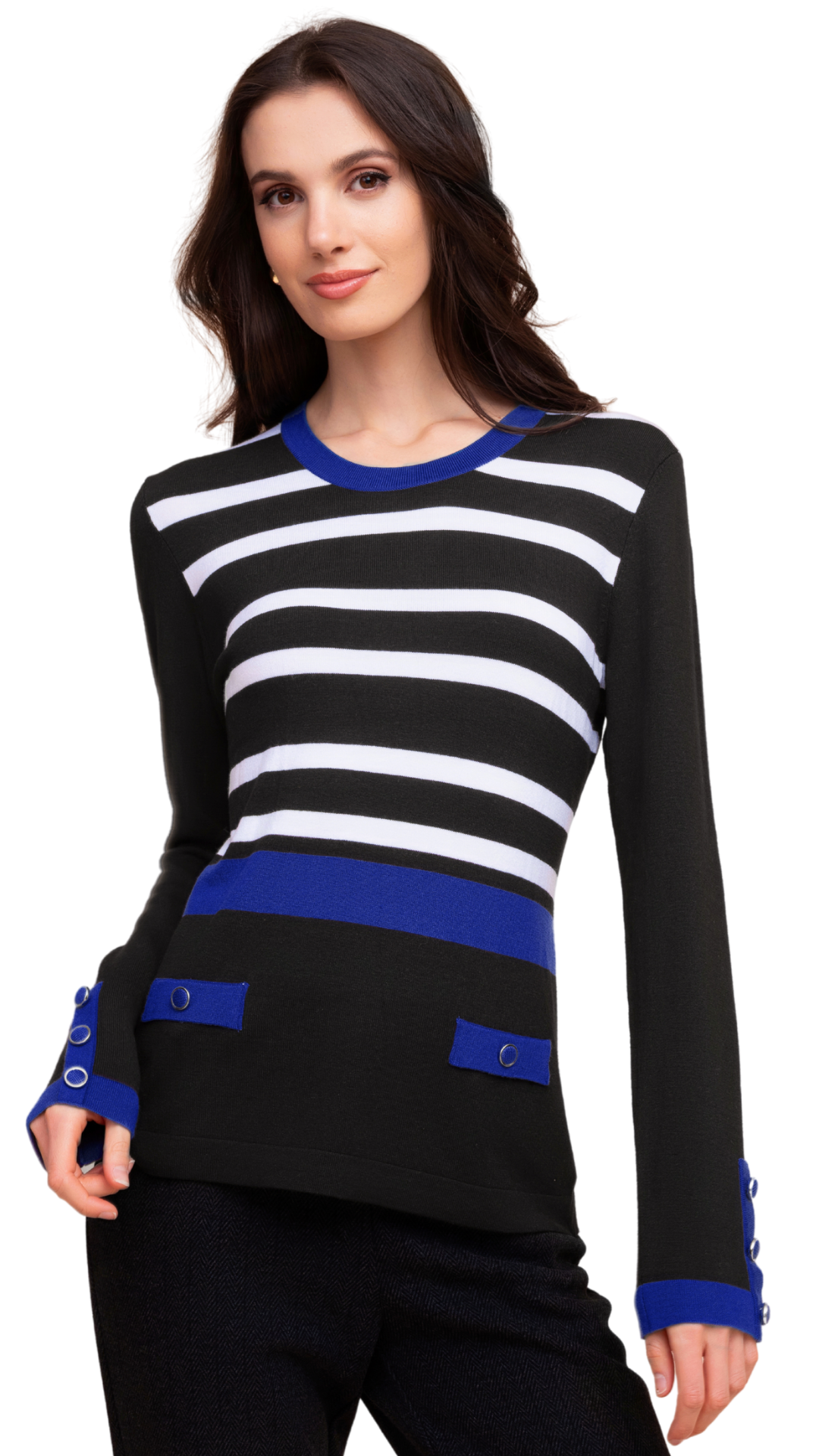 Striped Crew Neck Colour Details Long Sleeve Sweater. Style ALS48049
