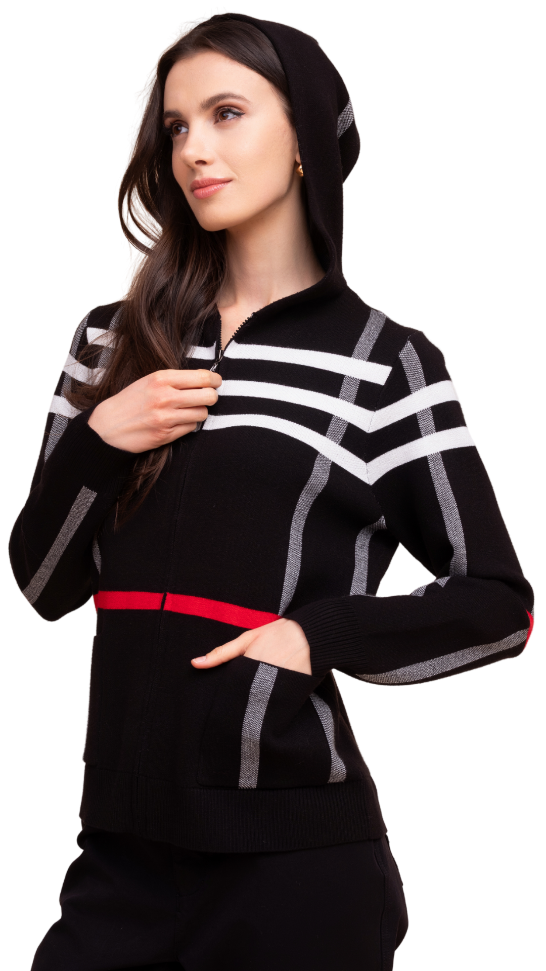 Hooded Zip Front Plaid Sweater. Style ALS48063