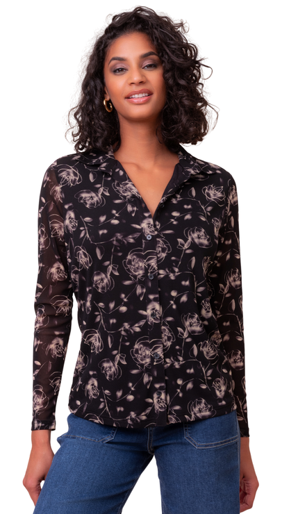 Rose Print Mesh Collar Button Front Blouse. Style ALS48073