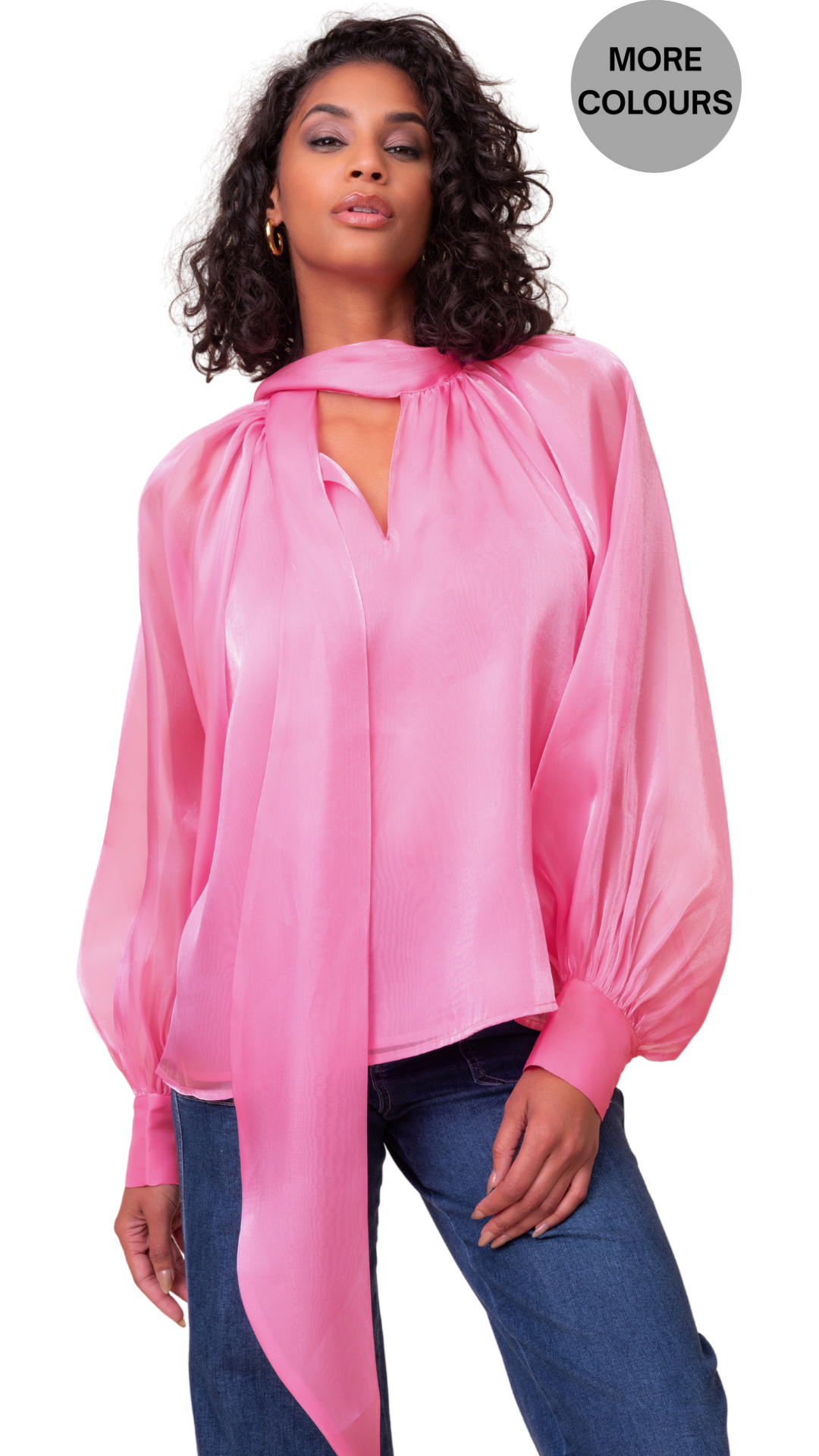Sheer Shiny Tie Neck Flowy Blouse. Style ALS48203