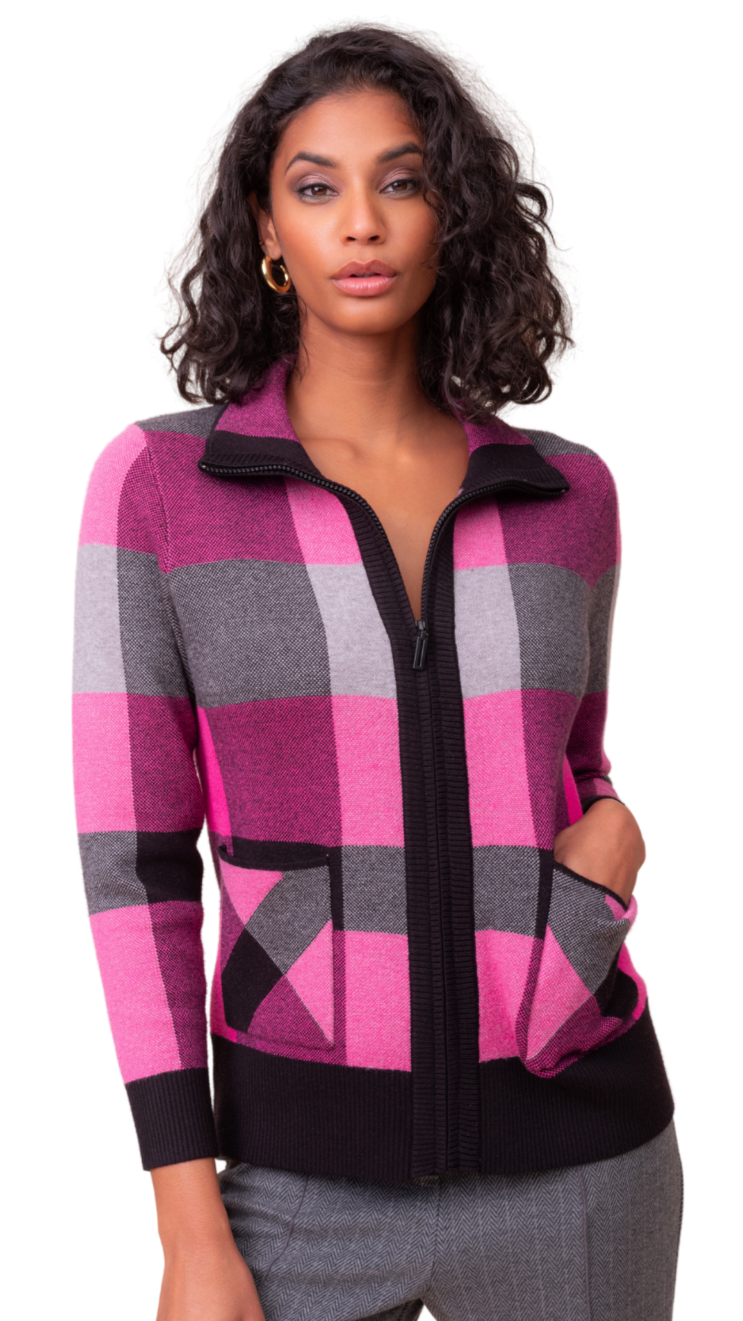 Patchwork Print Zip Front Long Sleeve Sweater. Style ALS48221