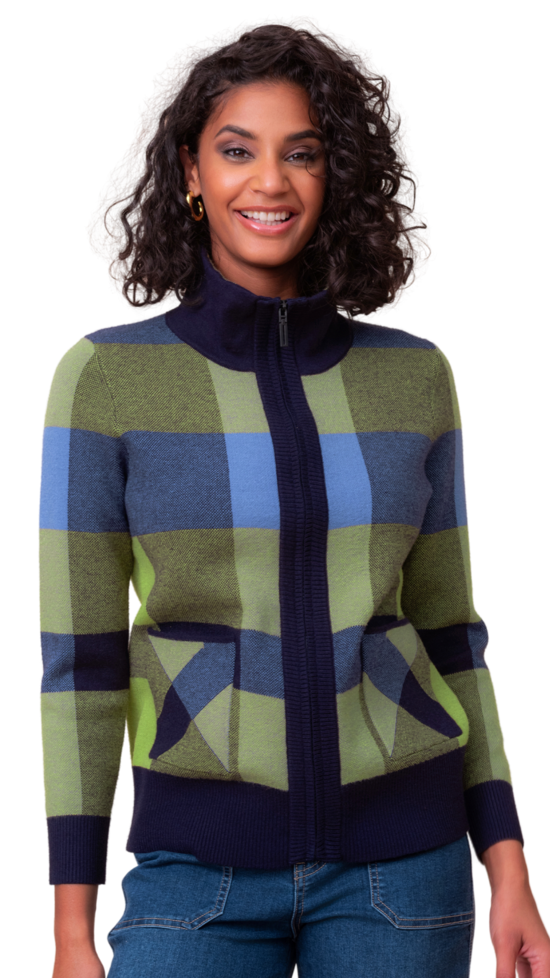 Patchwork Print Zip Front Long Sleeve Sweater. Style ALS48283