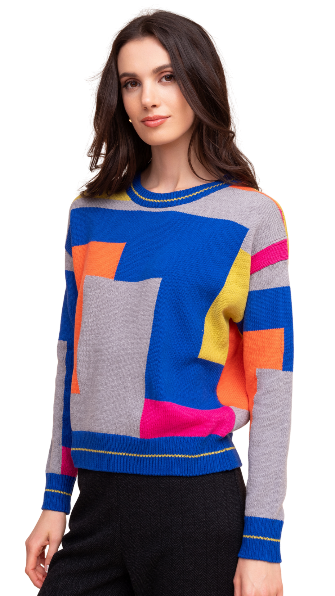 Bright Patchwork Knitted Crew Neck Sweater. Style ALS48327