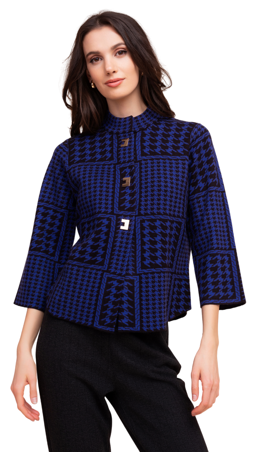 Houndstooth Print Gold Buttons Cardigan. Style ALS48357