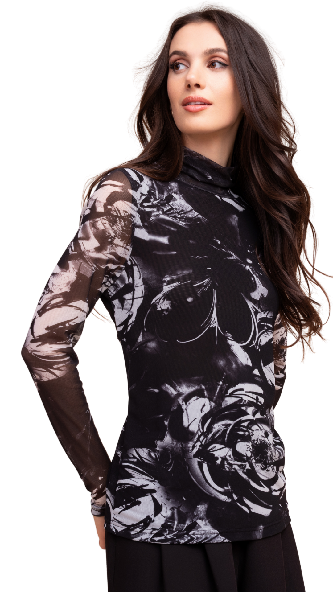 Mesh Abstract Print Turtleneck Top. Style ALS48362