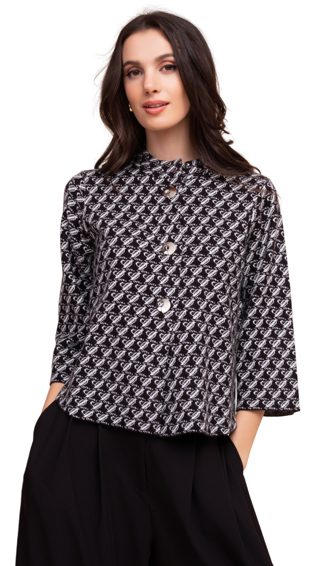 Black & White Pattern Button Front Cardigan. Style ALS48378