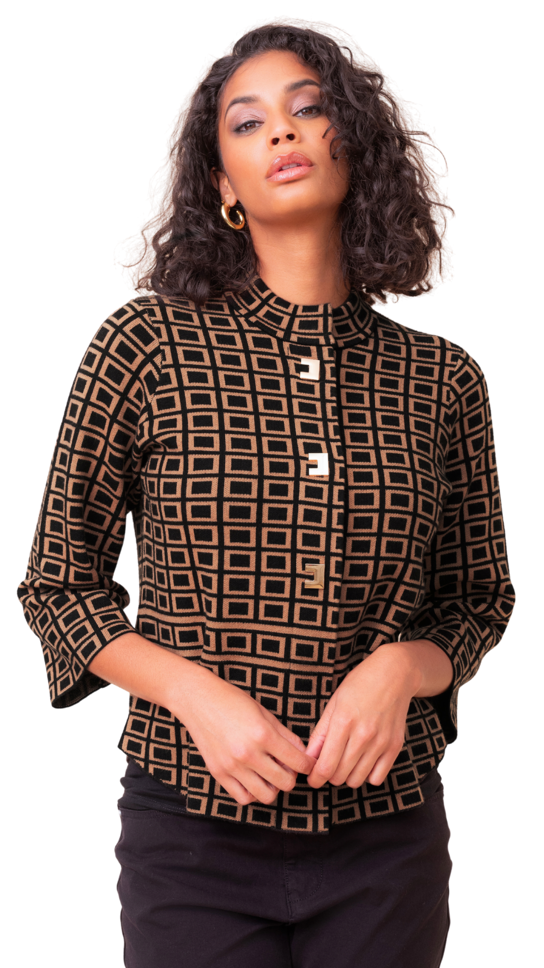 Square Pattern Gold Button Front Cardigan. Style ALS48150