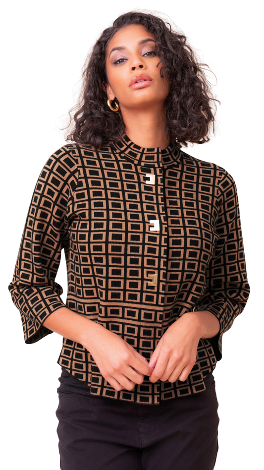 Square Pattern Gold Button Front Cardigan. Style ALS48150