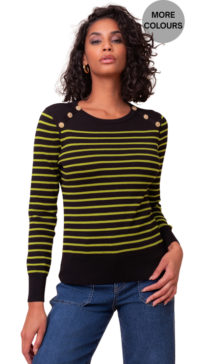 Horizontal Stripes & Gold Statement Buttons Shoulder Detail Sweater. Style ALS48155