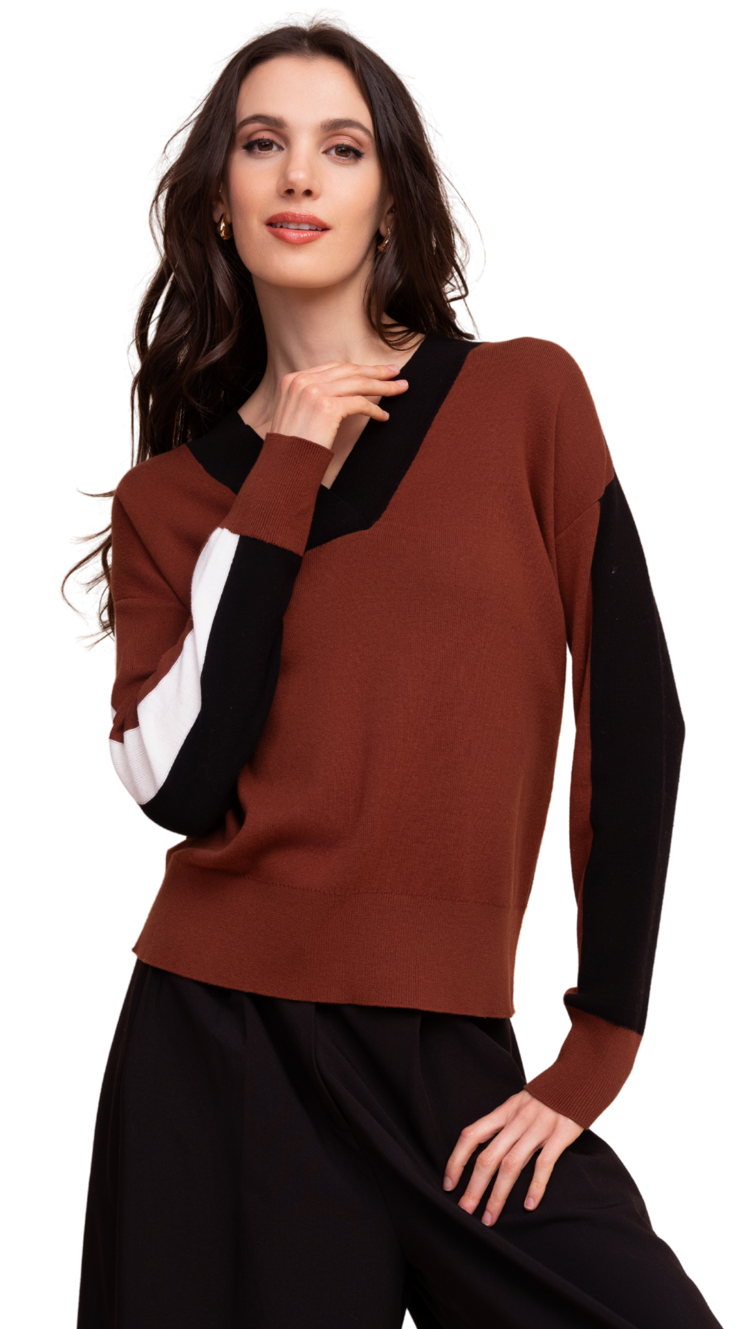 Cross-Over Trim Framed V-Neck Colour Block Sweater. Style ALSA48185