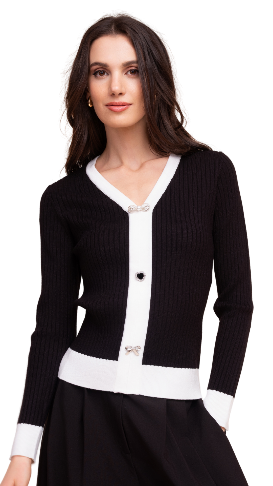 Statement Pin V-Neck Ribbed Sweater. Style ALSA48065