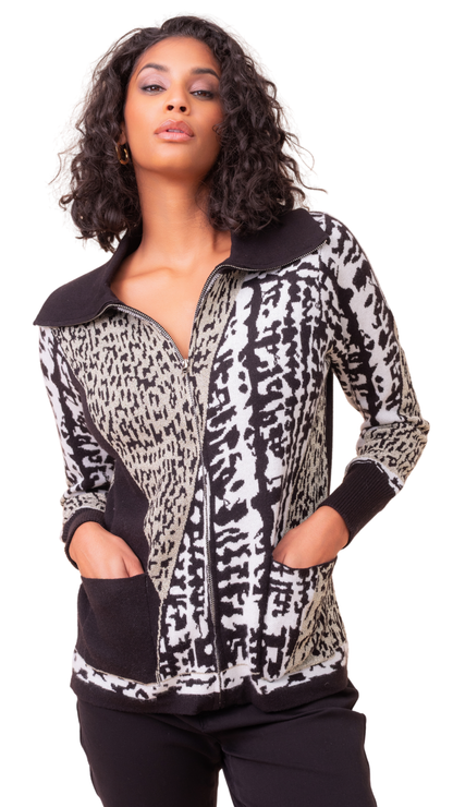 Zip Front Cowl Neck Multi Print Cardigan. Style ALSA48118
