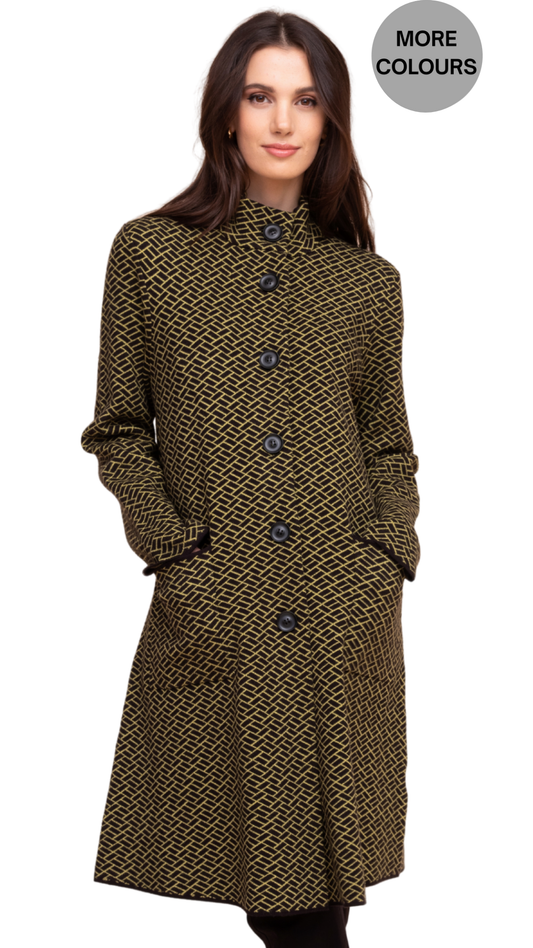 Button Front Long Mock Neck Patterned Cardigan. Style ALSA48129