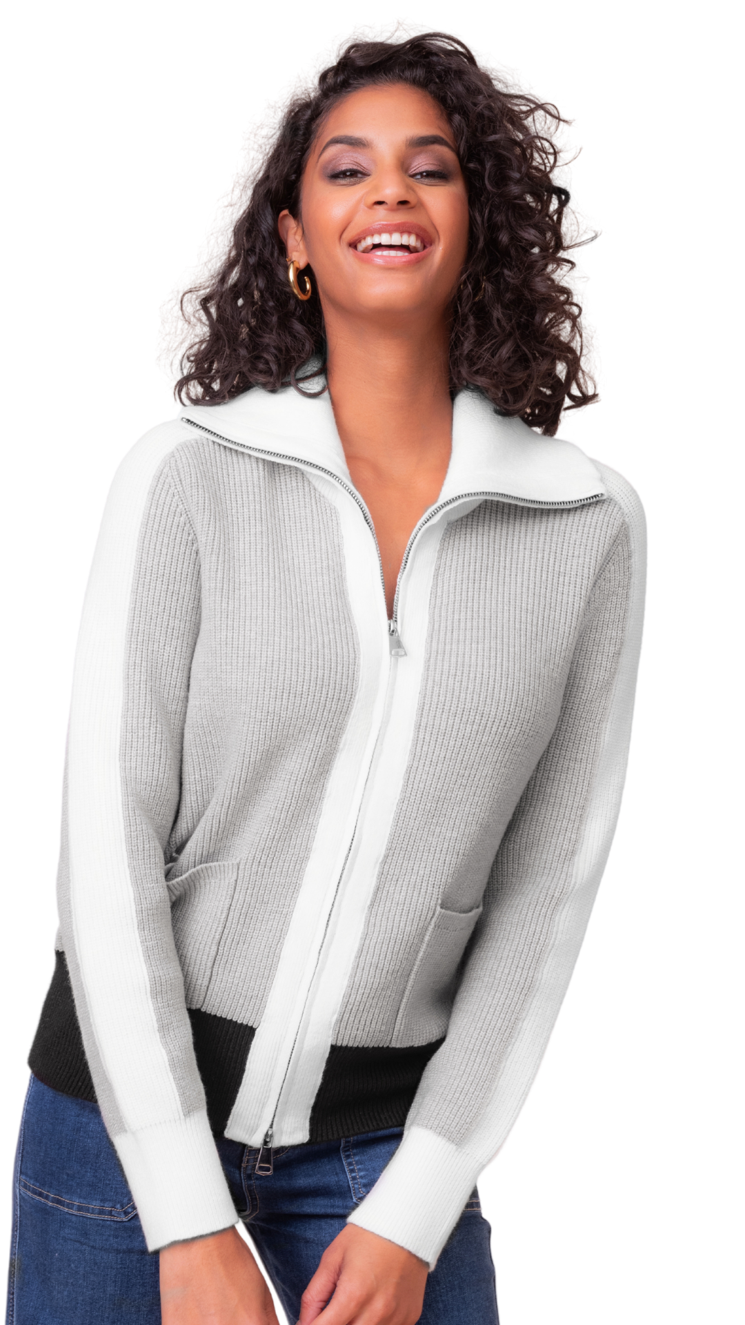 Cowl Neck Zip Front Stretch Knit Sweater. Style ALSA48225