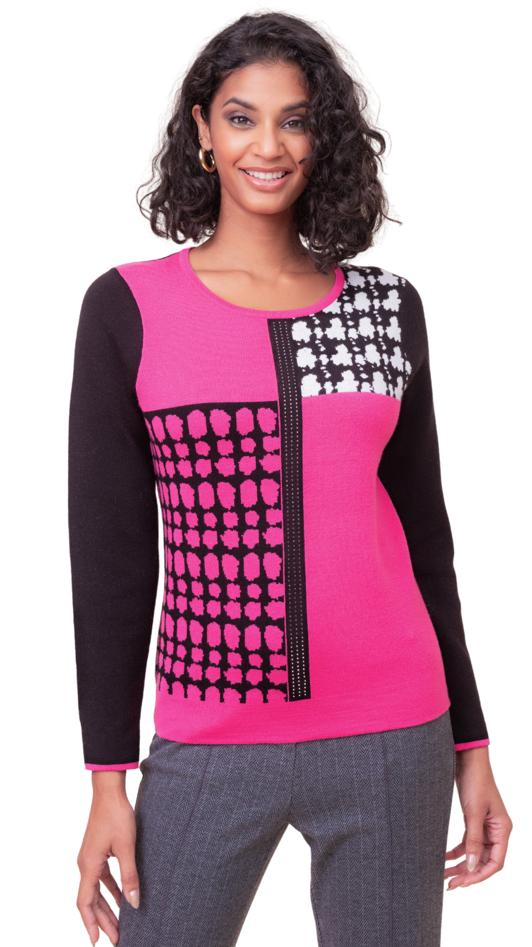 Round Neck Rhinestone Details Stretchy Long Sleeve Sweater. Style ALSA48231