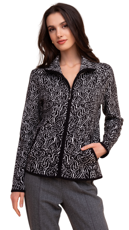 Abstract Print Black Trim Zip Front Sweater. Style ALSA48251