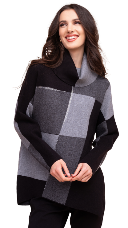 Turtleneck Colour Block Rhinestone Details Sweater. Style ALSA48407