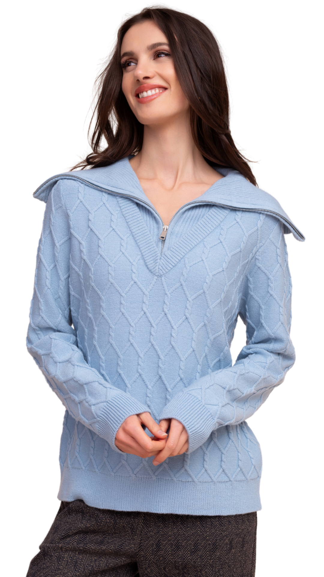 Zip Cowl Neck Cable Knit Sweater. Style ALSA48305
