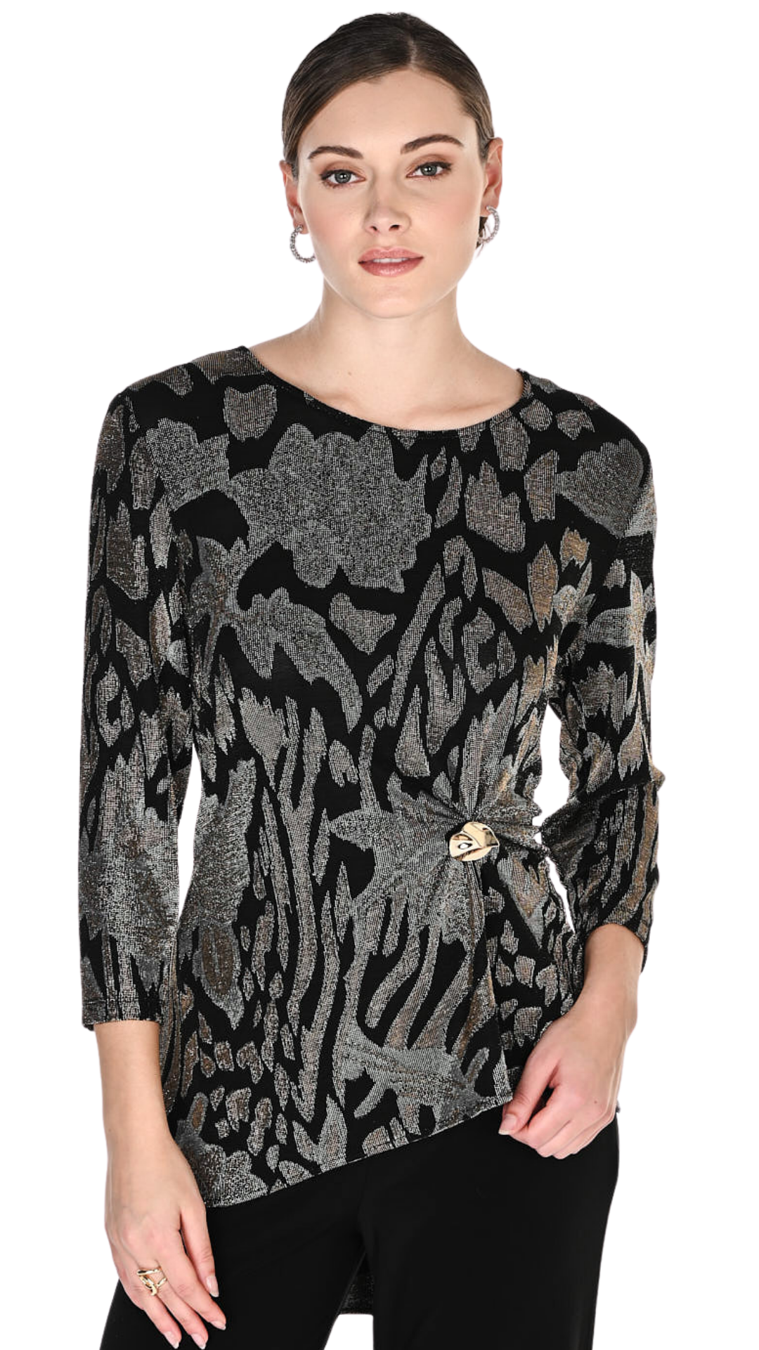 Metallic Abstract Print Gold Buckle Gathering Detail Top. Style FL269363