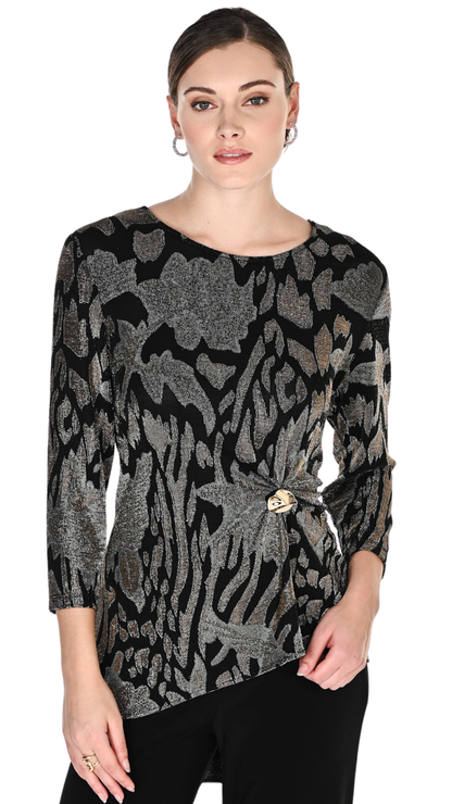 Metallic Abstract Print Gold Buckle Gathering Detail Top. Style FL269363