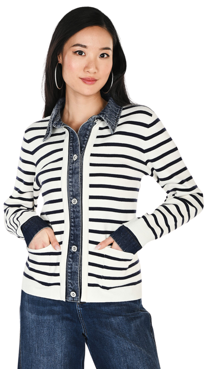 Striped & Denim Trim Button Front Sweater. Style FL264855