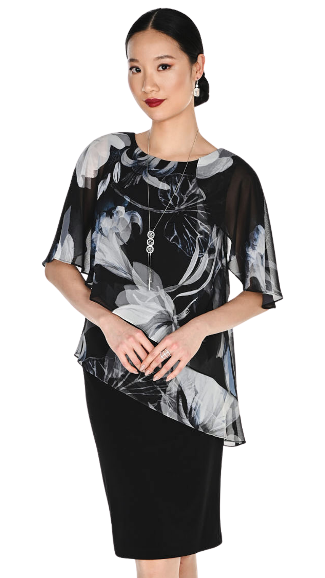 Flowy Ruffle Layers Asymmetrical Floral Cape Midi Dress. Style FL269254