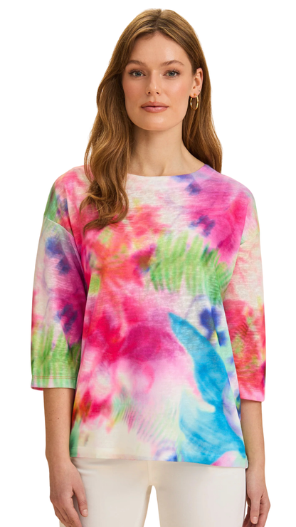 Blurred Floral Print Drop Shoulder 3/4 Sleeve Top. Style FD3741451