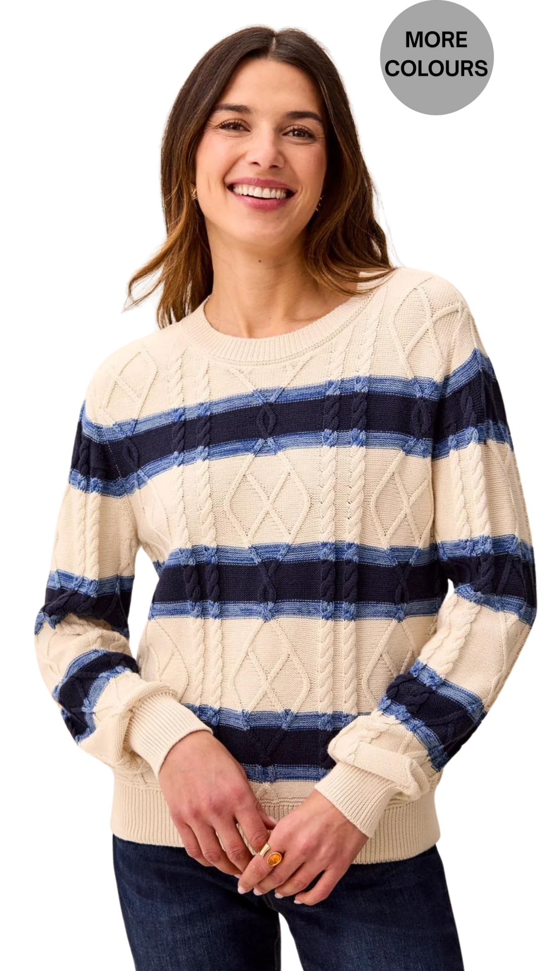 Cable Knit Stripe Crew Neck Cotton Sweater. Style TR3212O-576