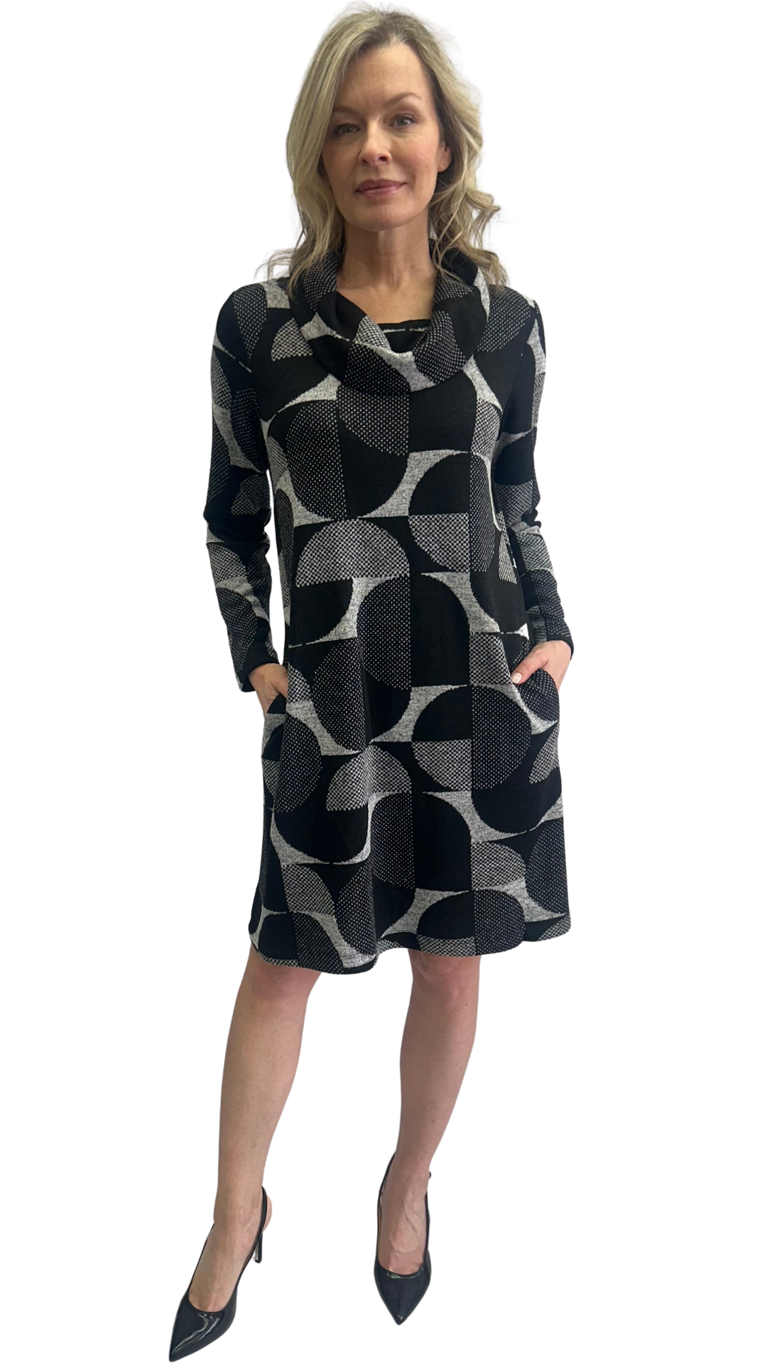 Long Sleeve Cowl Neck Circle Pattern Knit Dress. Style SW107900