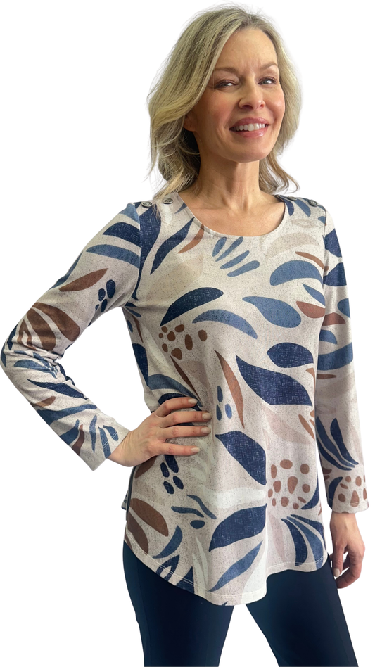 Button Details on Shoulders Round Neck Abstract Print Top. Style SW102358