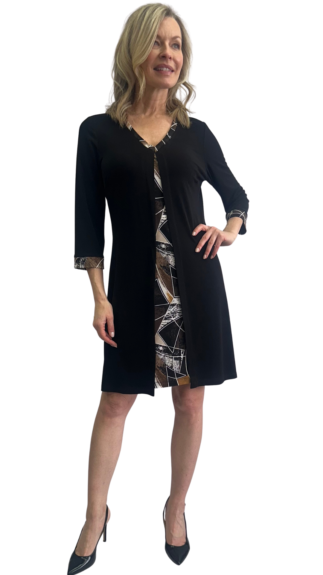 Peak-A-Boo Printed Fabric V-Neck Statement Trim Dress. Style SW107243